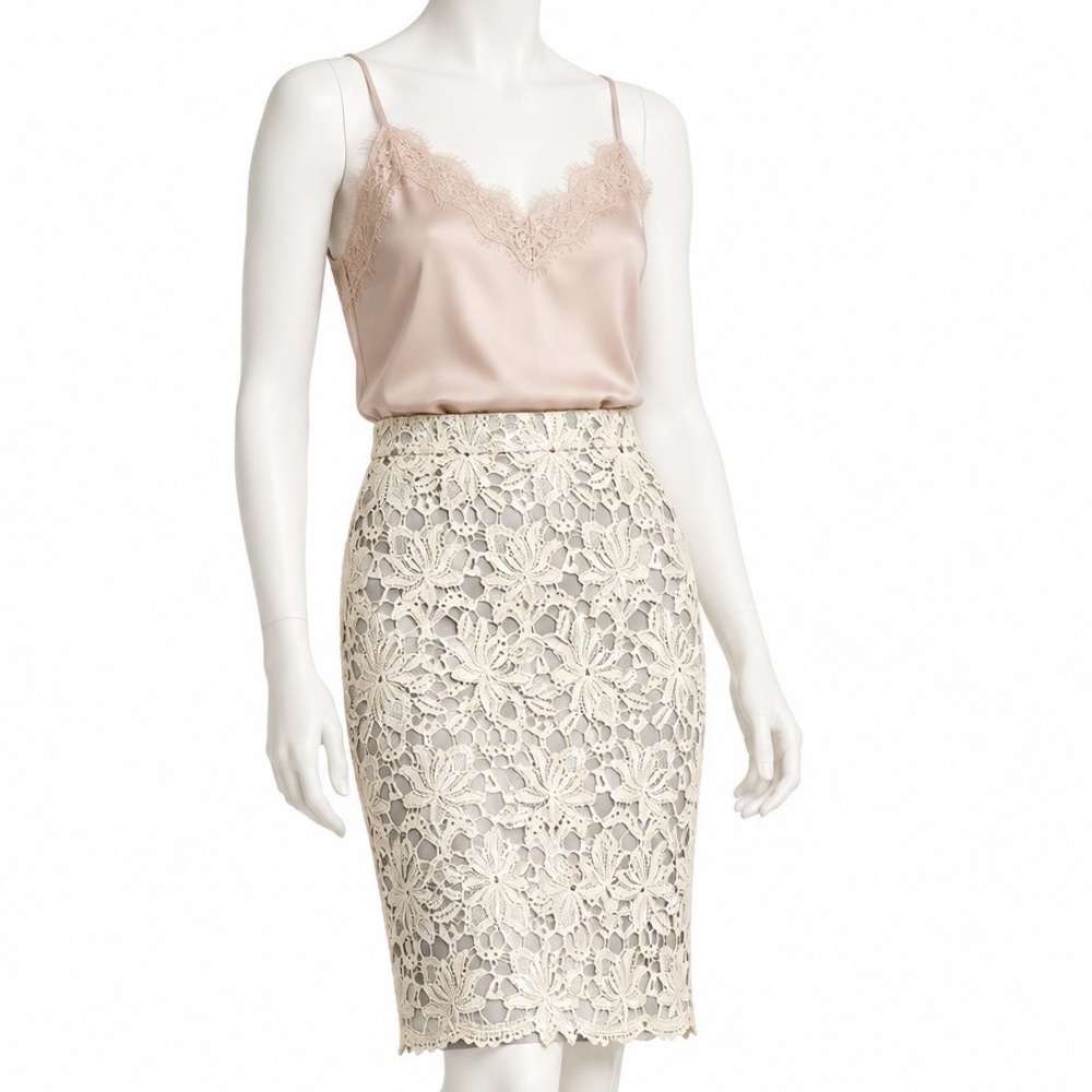 ANN TAYLOR Ivory Floral Lace Pencil Skirt Gray Taupe Contrast Lining | Sz 0